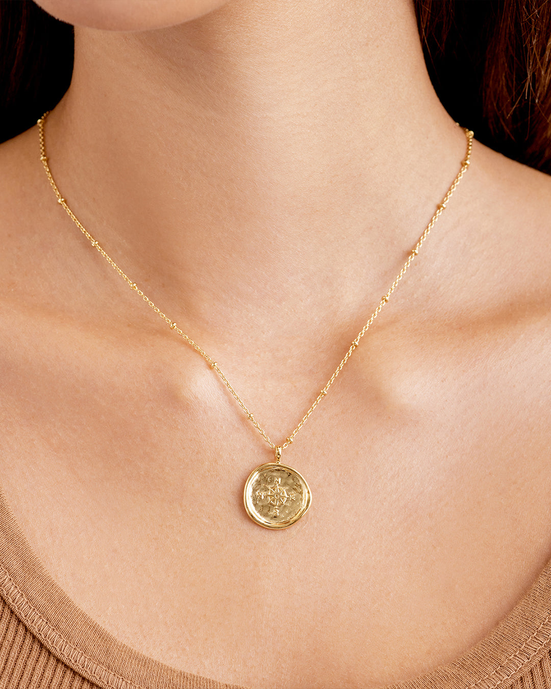 18k Gold Plated Coin Necklace, Compass Necklace || option::18k Gold Plated