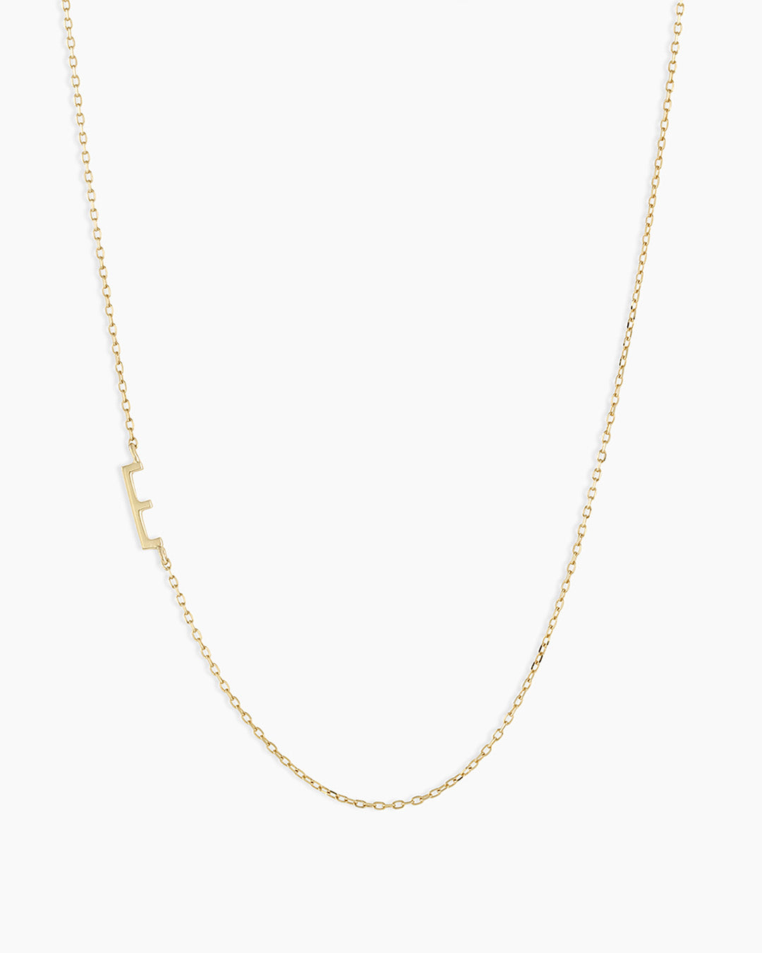 Woman wearing  Alphabet Necklace || option::14k Solid Gold, E