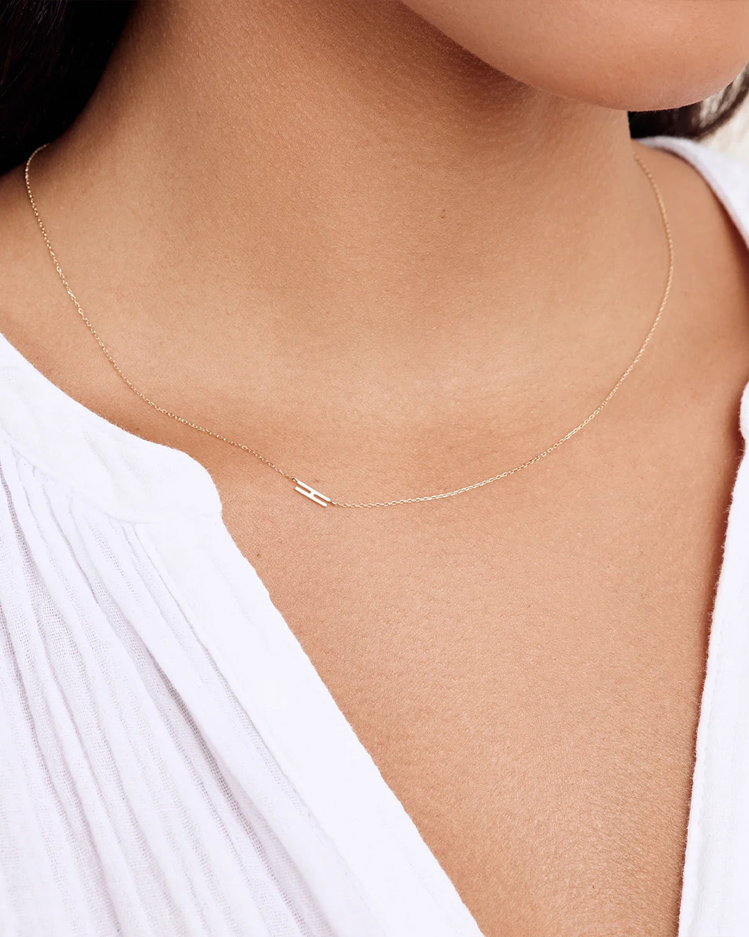 Woman wearing  Alphabet Necklace || option::14k Solid Gold, H