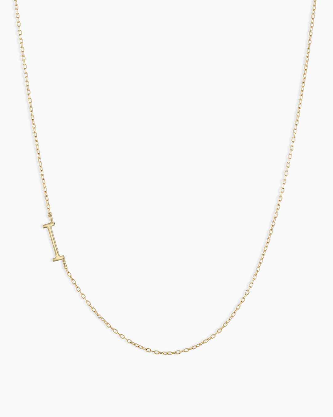 Woman wearing  Alphabet Necklace || option::14k Solid Gold, I