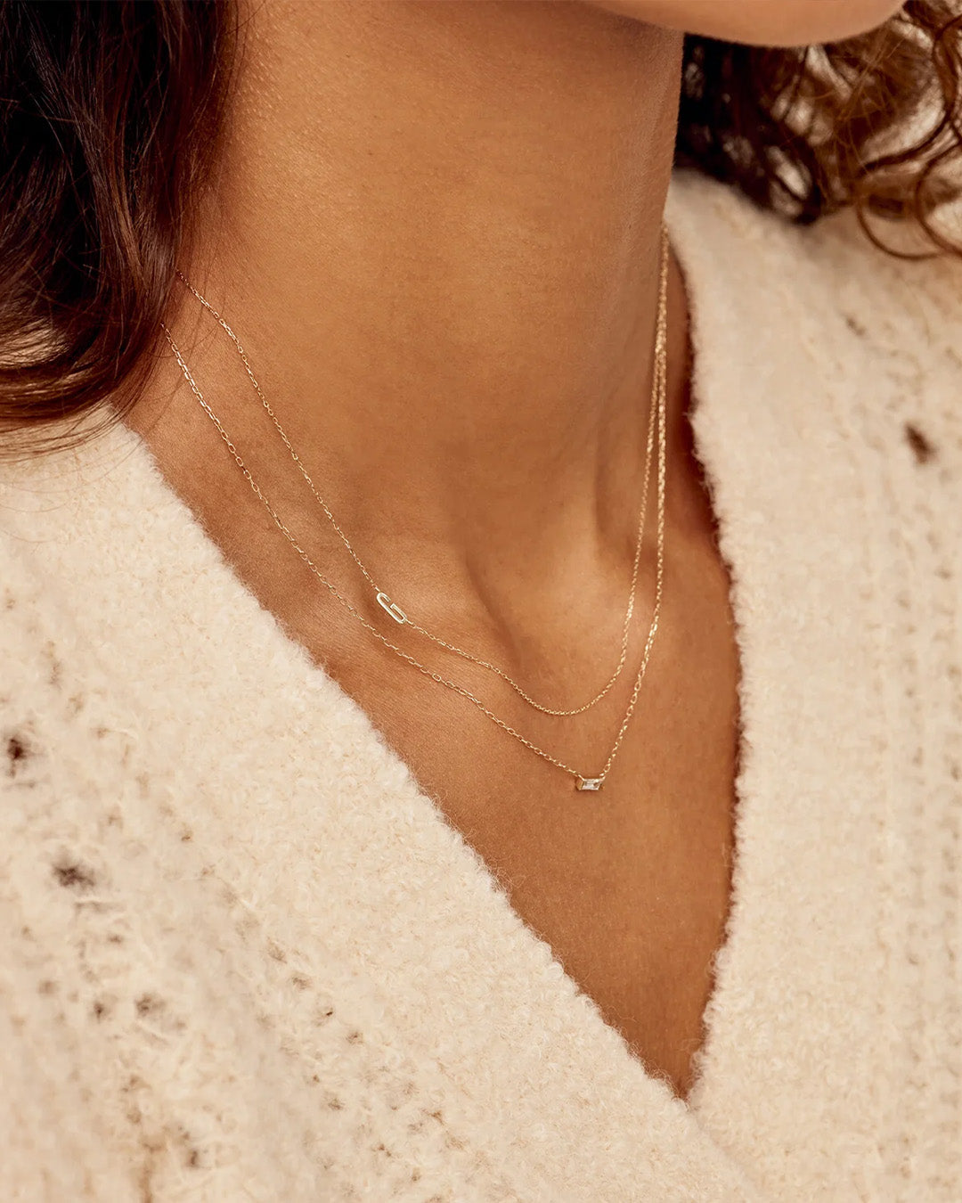 Woman wearing  Alphabet Necklace || option::14k Solid Gold, Q